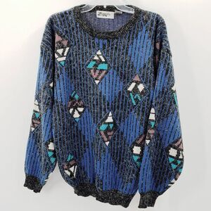 Vtg Zeppelin Sweater Men's L Blue Black Diamond Pattern Pullover Korea Grandpa